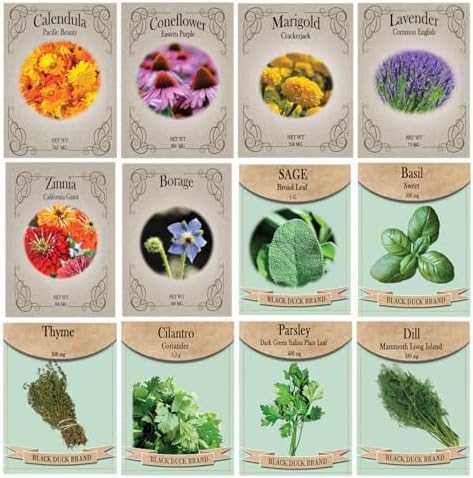 Medicinal Herb and Flower Set - 12 Varieties of Non-GMO & Heirloom Flowers and Herbs - Basil, Cilantro, Calendula, Lavender, Sage, & More! by FreedomFarms
