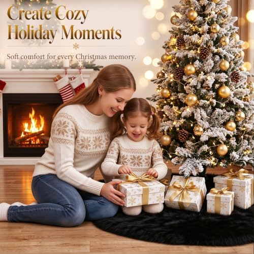 59 Inch Black Christmas Tree Skirt, Soft Faux Wool Tree Base Cover - Image 4