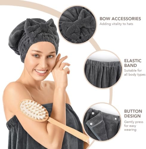 SUNLAND Microfiber Bath Towel Wrap & Hair Drying Towel Set, Dgrey, 32x60In - Image 3