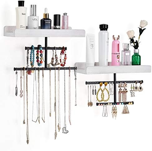 Keebofly Hanging Wall Mounted Jewelry Organizer with Rustic Wood Jewelry Holder Display for Necklaces Bracelet Earrings Ring Set of 2 White,[Patented] by Keebofly