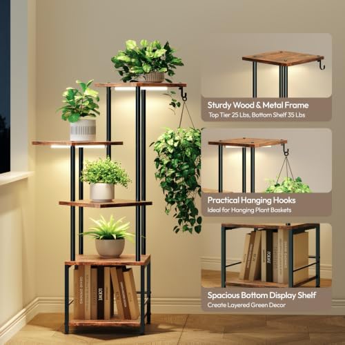 Plant Stand Indoor with Grow Light - 5-Tier Metal Plant Shelf with Hanging Basket Hook, Corner Tall Flower Holder for Multiple Plants, Living Room Balcony Garden Patio, Rustic Brown - Image 5