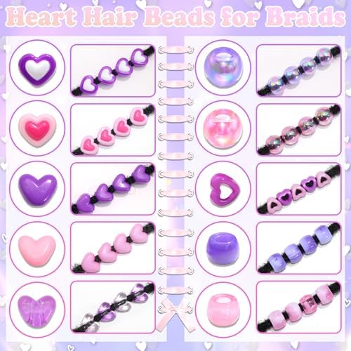 NAISKA 112PCS Pink Purple Hair Beads 12 Styles Box Beads for Hair Cute Pony Bead Heart Braids Jewelry Multi-Styles Hair Accessories for Kids Girls - Image 6