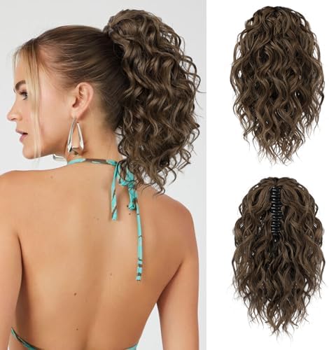 FLUFYMOOZ Ponytail Extension, 12" Short Claw Ponytail Extension Wavy Curly Jaw Clip in Pony tails Hair Extension Natural Synthetic Hairpiece for Women (Medium Brown Auburn) by Flufymooz