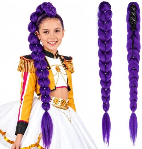 Getgal 24 Inch Purple Braiding Hair with Sturdy Claw Clip, Segmented Pre-Braided Synthetic Purple Hair Extensions for Girls, Halloween Party Cosplay & Daily Play for Kids(Pack of 1) by GetGal