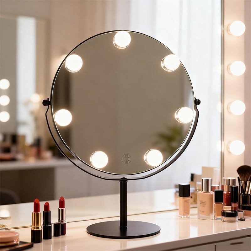 Hollywood Vanity Mirror with Lights, 11.8"x17" Lighted Makeup Mirror for Desk with 7 Led Bulbs, 3 Lighting Modes, Dimmable Light,360° Rotation for College Dorm, Bedroom & Dressing Room (BLACK) by Tesrago