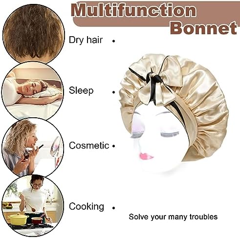CHLINS Satin Bonnet Silk Sleep Cap Hair Bonnets for Women Stretchy Tie Band Hair Cap for Curly Hair Silk Hair Wrap(Champagne+Black) - Image 5