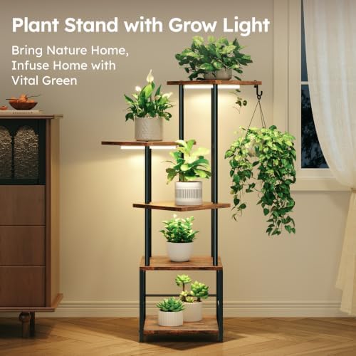 Plant Stand Indoor with Grow Light - 5-Tier Metal Plant Shelf with Hanging Basket Hook, Corner Tall Flower Holder for Multiple Plants, Living Room Balcony Garden Patio, Rustic Brown - Image 2