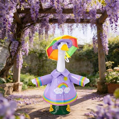 DECOHS 3 Pcs/Set Raincoat Porch Goose Outfits, Summer Lawn Goose Statue Raincoat Costume, Yard Goose Clothes Raincoats Umbrella Hat Outfit for 23" Statue Patio Garden Decoration (Purple Rainbow) - Image 5