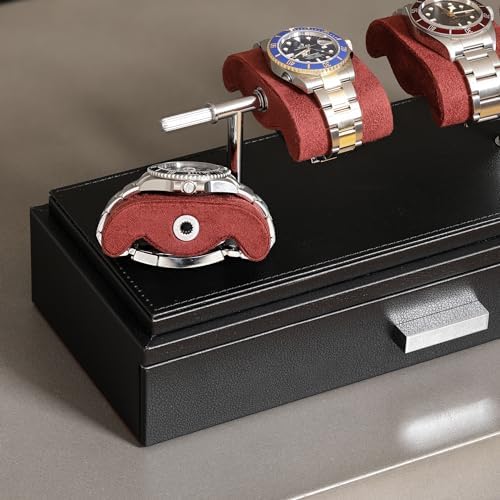 ROTHWELL Luxury Watch Display Case for 4 Watches – Leather Watch Box with Acrylic Cover and Removable Slide in Cushions – Accessory Drawer with Multiple Configurations (Black/Red) - Image 5