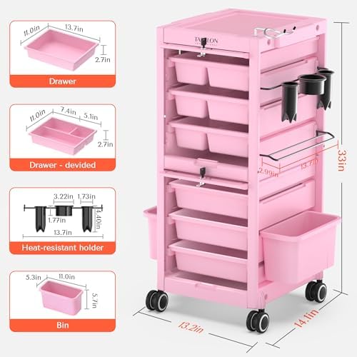 TASALON Pink Lockable Salon Cart with Wheels, Beauty Salon Station Trolley with 6 Drawers & Heat-Resistant Tool Holders, Rolling Barber Organizer for Hair Stylist, Spa & Tattoo Studio - Image 6
