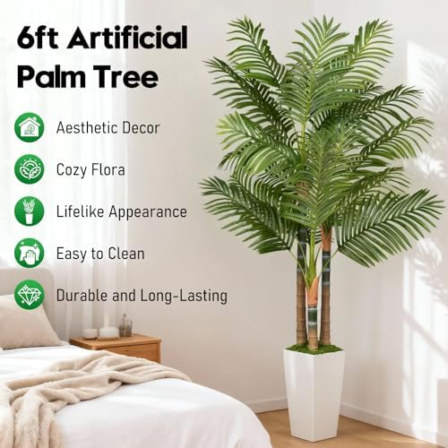 6ft Artificial Palm Tree Indoor Plant，Triple Faux Tropical Areca Floor Plant in Pot，Artificial Plants with Lifelike Leaves for Home Office Decor - Image 2