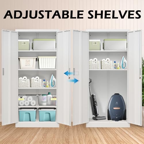 Wanfu Metal Storage Cabinet, 71”H Locking Storage Cabinet with 5 Adjustable Shelves, Steel Cabinets for Garage, Home, Office, Pantry (White) - Image 5