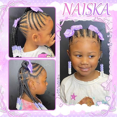 NAISKA 62PCS Purple Beads for Hair Braids 4.7inch Hair Bows Clips Round Dreadlock Beads Braids Clips with Bow 2 Styles Loc Accessories for Kids Girls - Image 7