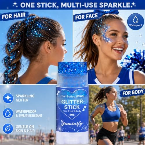 Blue Hair Glitter Stick,Royal Blue Face Glitter Stick,Blue School Spirit Day Accessories,Waterproof Singer Concert Halloween Chunky Sequins Makeup,Cheer Glitter for Football Sports Game Day - Image 4
