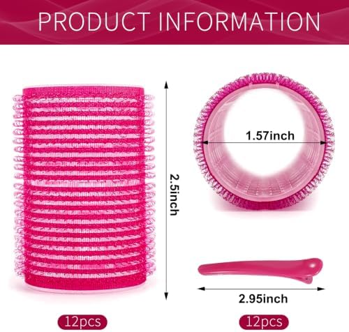 Hair Rollers, 12 Pack Self Grip Salon Hairdressing Curlers, DIY Curly Hairstyle, Large Rollers 1.57In Rose Red - Image 2