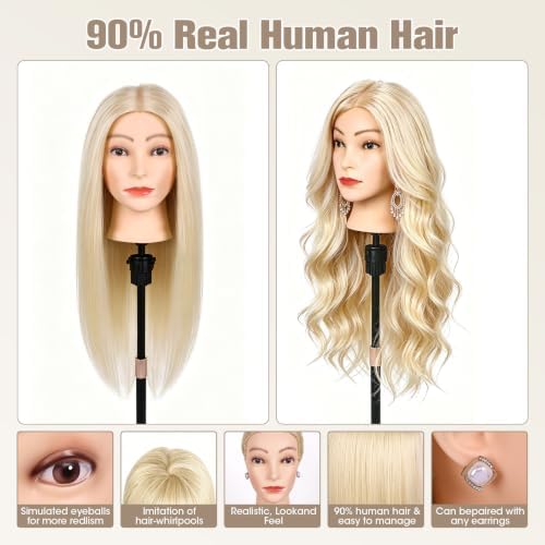 90% Human Hair Mannequin Head,26''Beige Blonde Real Hair Mannequin Head,Cosmetology Manikin Head Doll Hair Styling Hairdressing Practice Training Wig Head with Clamp Holder and Tools - Image 4