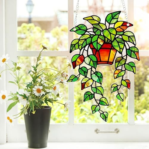 Plant Suncatcher Glass, Stained Glass Suncatcher Plant Window Hanging, Unique Nature Lover Gifts Leaf Ideas - Image 5