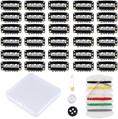 30 Pieces Wig Clips to Secure, Flat Hair Clip, Hair Extension Clip with Thread Kit, Hair Extensions Clip for Women, Bangs Hair Clip DIY Set for Kids and Pets, Black Chunni Clips by Unknown