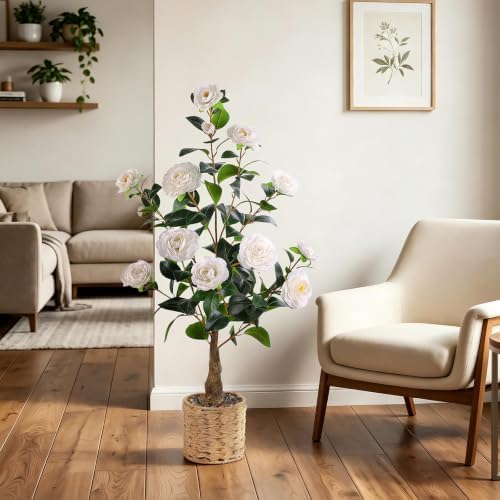 3FT Artificial Camellia Tree, Faux Camellia Plant Outdoor Camellia Flowers Tree Greenery Potted Plant for Living Room Door Patio Deck Yard Décor Outdoor Indoor - Image 6
