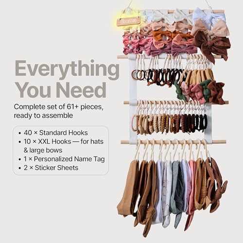 Bow Holder for Girls Hair Bows, Hair Bow Organizer, Headband Holders, Hanger Wall, Clip Organizer, Ribbon Storage for BabyGirl Nursery Wall Decor - Nametag, XXL Hooks, Stickers included - White - Image 2