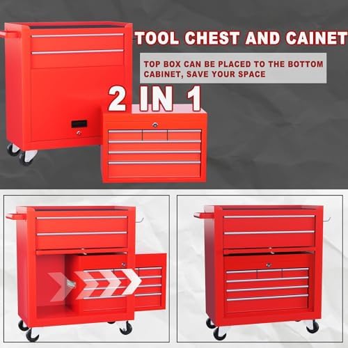 Dawmilon 8-Drawer Rolling Tool Chest, 2-in-1 Tool Box Organizer with Lockable Wheels, Sliding Drawers, and Detachable Top, Garage Workshop Tool Storage Cabinet, Red - Image 3