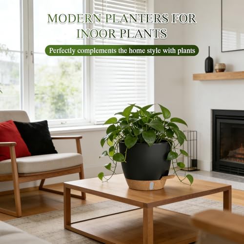 Self Watering Pots with Drainage Holes, 2 Pack 8 Inch Plant Pots with Water Level Indicator Deep Reservoir, Large Plastic Planter for Indoor Outdoor Plants - Black Brown - Image 7