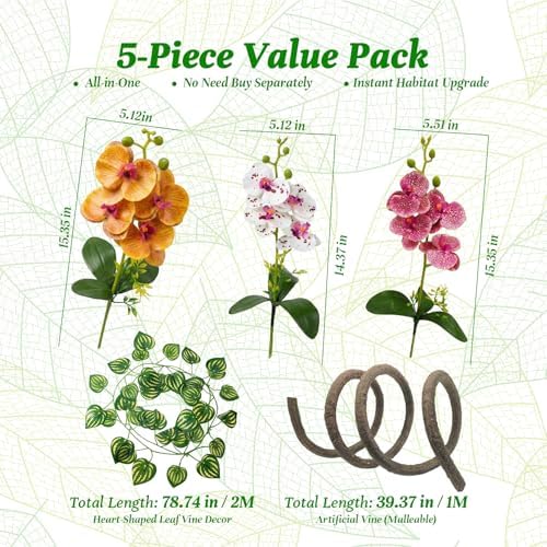 5 Pcs Reptile Plants & Habitat Decor Kit - 3 Artificial Phalaenopsis Orchid & Large 5ft Jungle Vine Branch, Terrarium Tank Decor & Climbing Accessories for Crested Gecko, Bearded Dragon - Image 3