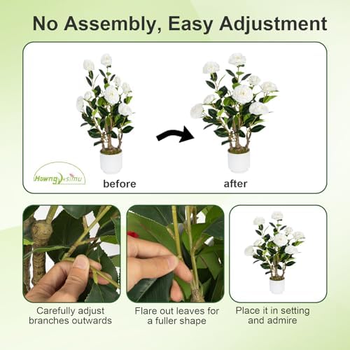 2 Pack Artificial Camellia Tree with White Pot, 24" Faux Potted Plants for Indoor Outdoor Decor, Tall Silk Greenery Plant for Home Office Living Room Balcony, White - Image 6