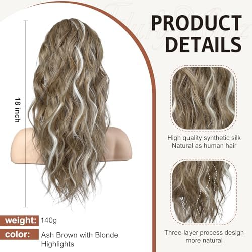 FLUFYMOOZ Ponytail Extension, 18 Inch Claw Clip Ponytail Extension, Wavy Curly Claw Clip in Ponytail Hair Extensions, Natural Ponytail Synthetic Hairpiece for Women (Ash Brown with Blonde Highlights) - Image 2
