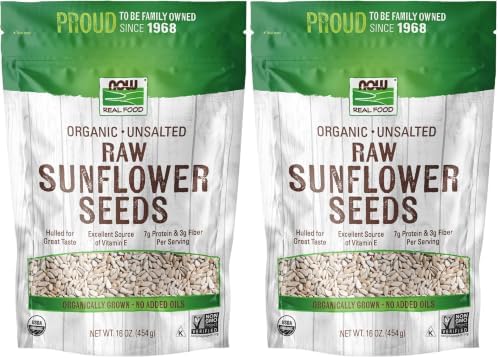 NOW Foods, Certified Organic Sunflower Seeds, Raw and Unsalted, Source of Fiber and Vitamin E, Hulled for Great Taste, Certified Non-GMO, 16-Ounce (Packaging May Vary) (Pack of 2) by NOW