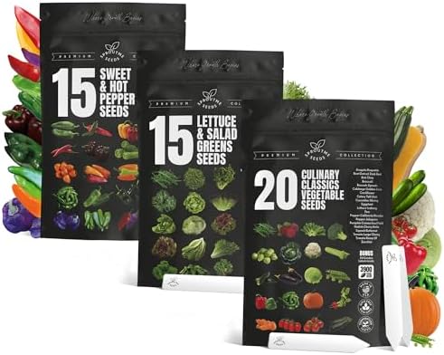 20 Vegetable + 15 Lettuce & Salad Greens + 15 Sweet & Hot Pepper Seeds Variety Pack Bundle 11950+ Non-GMO Heirloom Garden Seeds for Planting by SproutMeSeeds