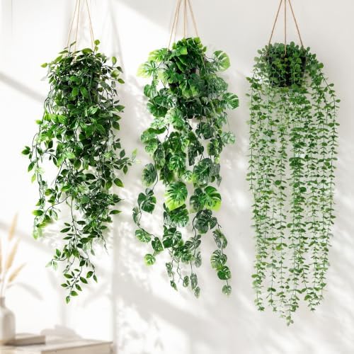Artificial Hanging Plants for Shelf, 3-Pack Fake Potted Greenery Faux Mandala Monstera and Eucalyptus Vines in Black Pot, Décor for Office Living Room Bathroom Indoor Outdoor by Unknown