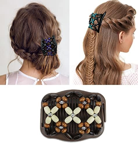 3 Pieces Stretchy Double Comb Hair Clip Magic Hair Side Combs for Women Elastic Wood Beaded Hair Bun Maker Hair Accessories for Curly Thick Wavy Hair (Purple, Blue, White) - Image 3