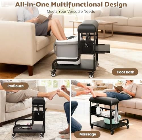Adjustable Pedicure Foot Rest with PU Cushion, Mobile Cart & Storage - Image 3