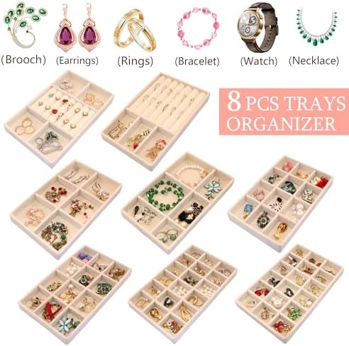 8Pack Jewelry Drawer Organizer Tray Velvet Jewellry Tray Stackable Jewel Storage Case for Earring Necklace Rings Bracelet Watch - Image 2