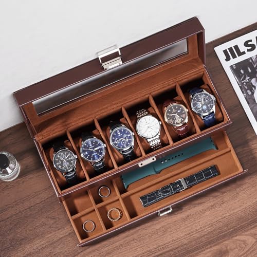 Lolalet Watch Case for Men, 6 Slot Watch Display Case with Clear Glass Lid, 2-Layer Mens Watch Box Watch Holder, 6 Watch Box Organizer, Watch Storage Case With Drawer -Espresso - Image 2