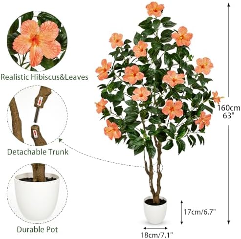 Briful Artificial Hibiscus Tree 5.25ft Tall Real Touch Fake Tree with Orange Flowers Potted Faux Plant Indoor Realistic Floor Plants for Front Porch Outdoor Home, Patio Decor - Image 3