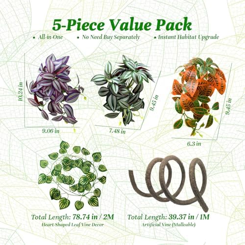 5 Pcs Reptile Plants & Habitat Decor Kit - 3 Artificial Hanging Plants & Large 3.3ft Jungle Vine Branch, Terrarium Tank Climbing Accessories for Crested Gecko, Bearded Dragon, Lizard, Snake, Chameleon - Image 4