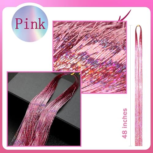 NIACONN Glitter Hair Tinsel Extensions Kit Pink with Tools and Beads, 48 Inch Sparkly Fairy Colorful Tensile Strands Shiny Hair Accessories for Women Girls Kids - Image 3