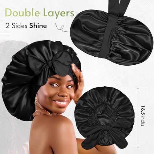 BONNET QUEEN Silk Bonnet for Sleeping Satin Bonnet Hair Bonnet Braid Bonnet Double Layer Tie Bonnet Night Hair Wrap for Women Curly Hair Black - Image 3
