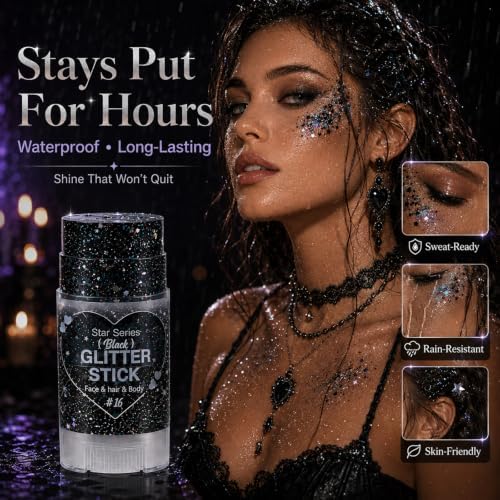 Go Ho Black Glitter Stick,Halloween Hair Face Body Shimmer for Women Kids - Image 7