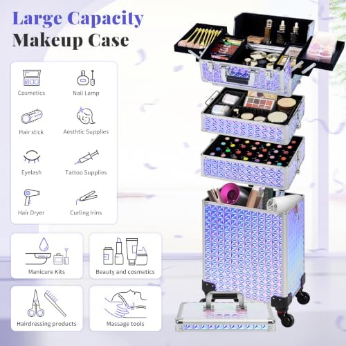 AROUS 5 in 1 Rolling Makeup Train Case with Lid Cosmetology Case on Wheels - Image 5