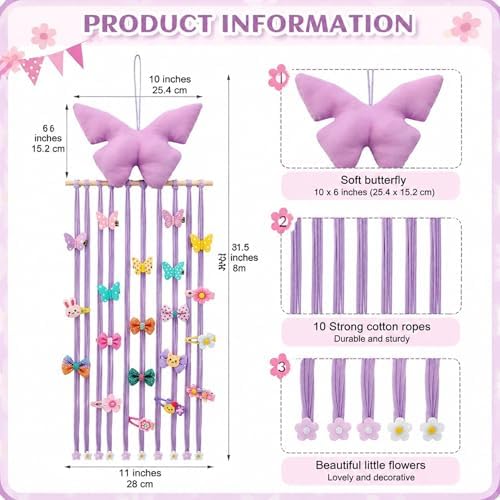 Long Bow Holder for Girls Baby Pink Purple Butterfly Hair Clip Organizer - Image 3