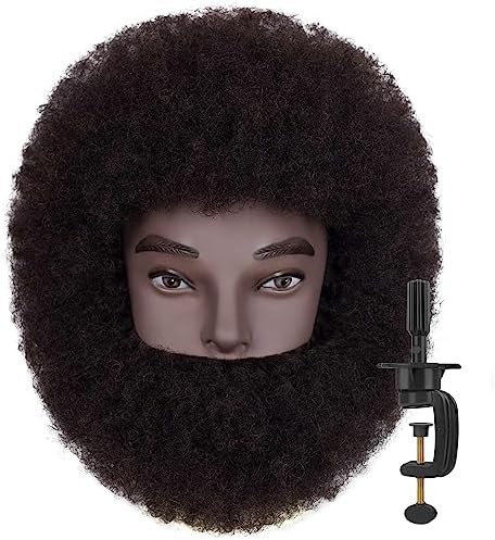8"Afro Male Mannequin Head with Beard 100% Human Hair 4A Type for Braiding Hairdresser Training Head Cosmetology Afro Hair Manikin Head for Practice Styling Cornrow Braiding with Clamp Stand by DIRUISI