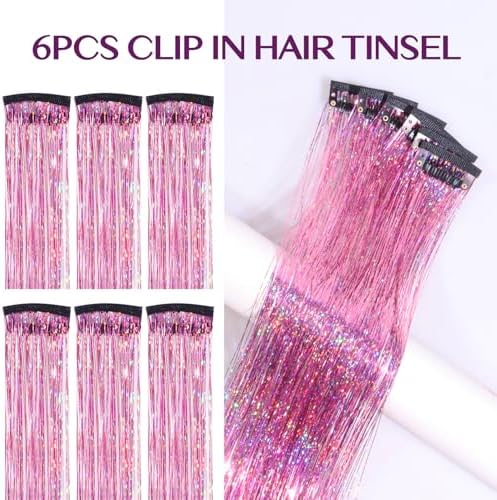 IDN BEAUTY Hair Tinsel Clip In Pink Sparkle Hair Extensions 24 Inch 6pcs - Image 2