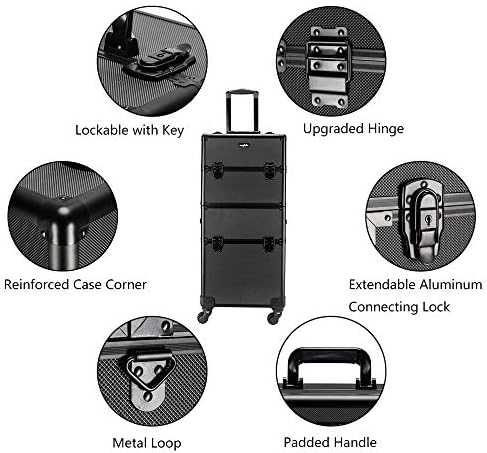 mefeir 2 in 1 Rolling Makeup Train Case Professional Cosmetic trolley on Wheels Aluminum Nail Cart Cosmetic Suitcase for professional makeup artist, Luggage Lockable w/4 Removable Wheels (Black) - Image 7