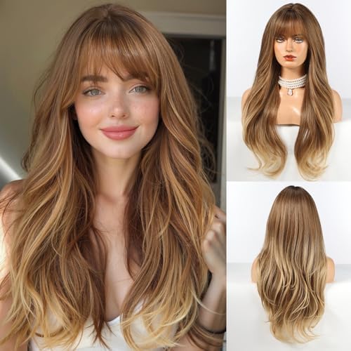 HAIRCUBE Long Ombre Brown Wig with Bangs Layered Curly Wigs for Women Natural Synthetic Wigs for Daily Use (pelucas de cabello natural) by HAIRCUBE