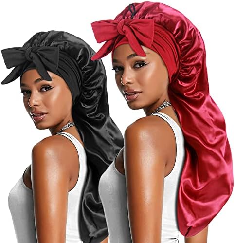 2pcs Long Satin Bonnets with Tie Band, Large Braid Bonnet Silky Hair Cap for Locs Women Sleeping, C by Heniho