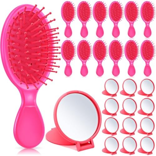Meanplan 24 Pcs Mini Hair Brush Set 12 Travel Wet Dry Hair Combs Pocket Detangling 12 Compact Folding Makeup Mirror for Spa Sleepover Birthday Bridal Shower Bachelorette Christmas Party Gift(Rose Red) by Meanplan