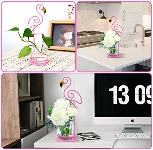 Tabletop Pink Flamingo Planter Propagation Station, Glass Vase Metal Stand - Image 3